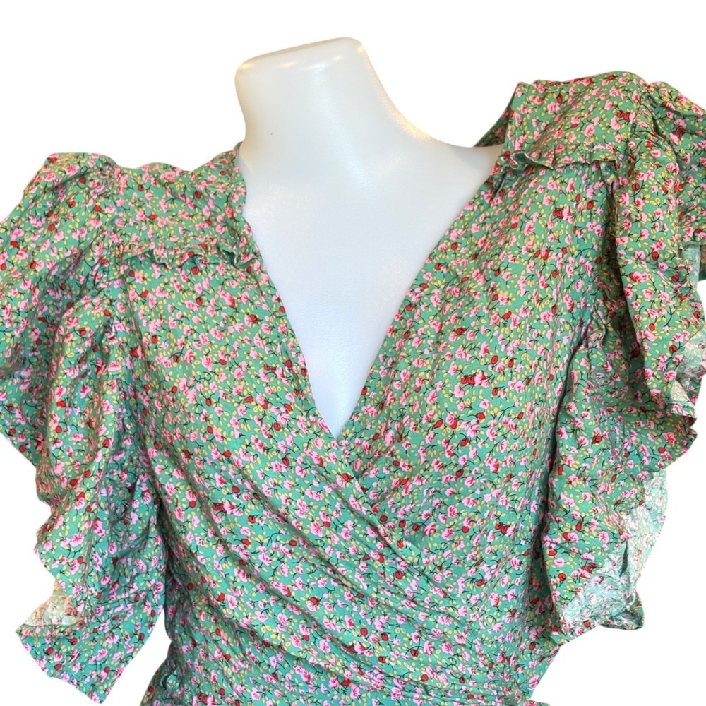 ♾️Bali ELF Rayon Green Fields Carmen Wrap Maxi Dress Boho Festival Ruffle Lg♾️ - Picture 12 of 12